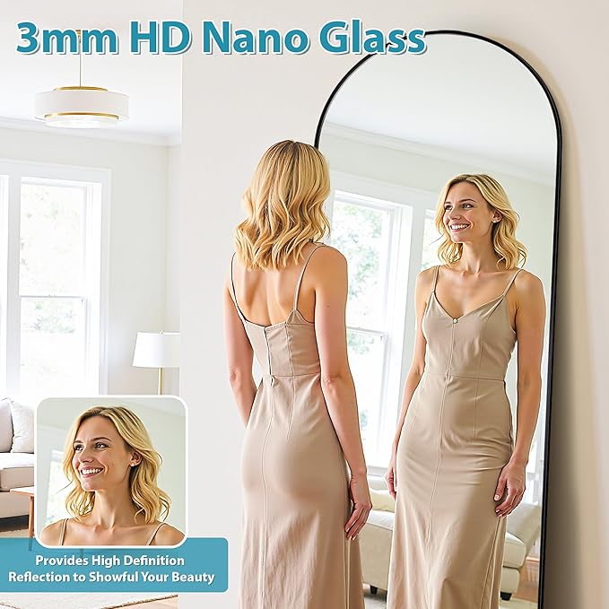 Full Length Mirror, 58"x18" Oversized Floor Mirrors Freestanding, Full Body Mirror Floor Standing Mirrors with Stand, Hanging Mounted Mirrors for Bedroom Living Room, Black, Arched Style