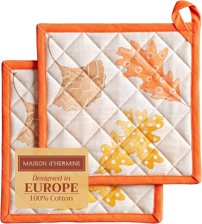 Maison d' Hermine Pot Holders Set 100% Cotton Heat Resistant Potholders 8" x 8" Hot Pads with Loop for Thanksgiving Christmas Decorations BBQ Baking Handling Hot Pans (Pack of 2, Colours of Autumn)
