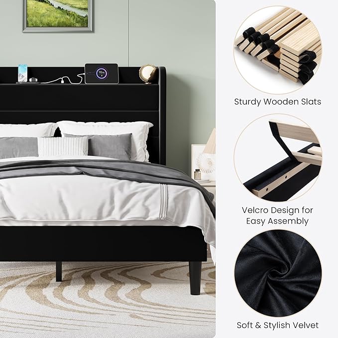 SHA CERLIN Full Size Bed Frame with Charging Station, Velvet Upholstered Platform Bed, Wingback Storage Headboard, Type-C & USB Ports, Strong Wooden Slats, No Box Spring Needed, Easy Assembly, Black