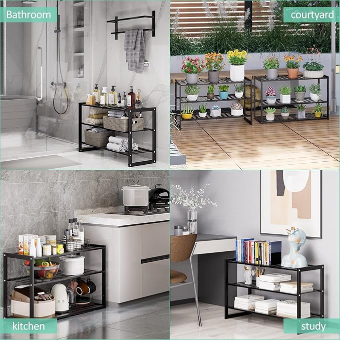 Bamboo Shoe Rack for Entryway, Stackable 3 Tier Shoe Organizer Shelf Storage 9-12 Pairs Shoes Stand Cubby for Closet Door Hallway Bedroom Garage Black, Thanksgiving