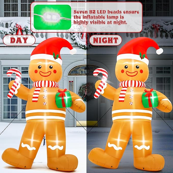 12FT Christmas Inflatables, Giant Blow Up Christmas Gingerbread Man Decorations, Lighted Up Xmas Gingerbread with Red Hat and Candy Cane, Pre-lit Christmas Archway Inflatable Decor for Yard Lawn