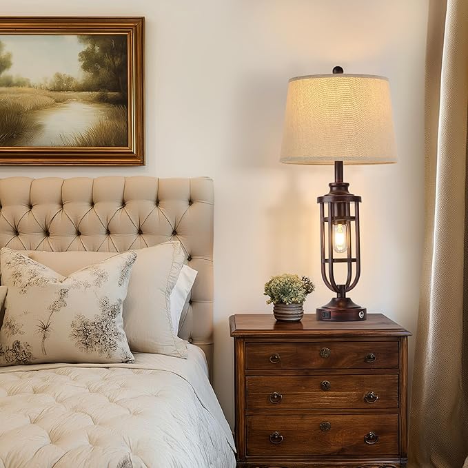 28" Table Lamps for Living Room Set of 2, Farmhouse Bedroom Lamps for Nightstand with USB A+C, Rustic Bedside Lamps for End Tables, Bulbs Included