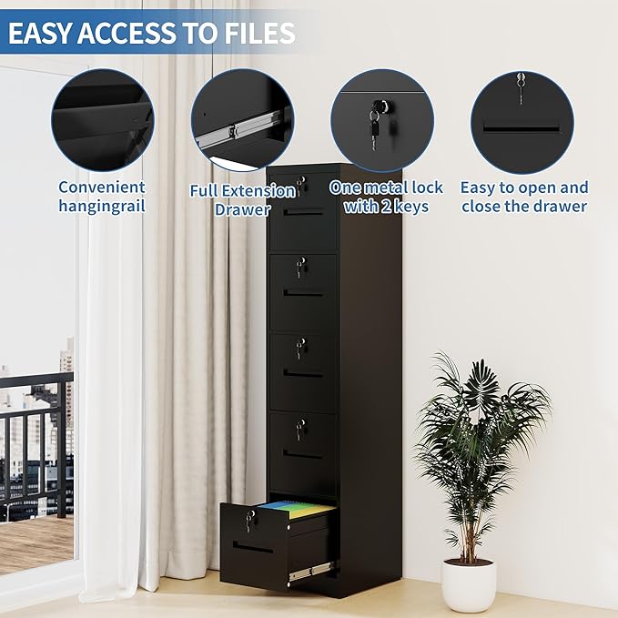 5 Drawer File Cabinet with 5 Individual Locks, Vertical Metal Filing Cabinet Home Office Narrow Locking File Cabinets for A4/Legal/Letter File Folders, Anti-Tilt Design, Need Assemble (Black)
