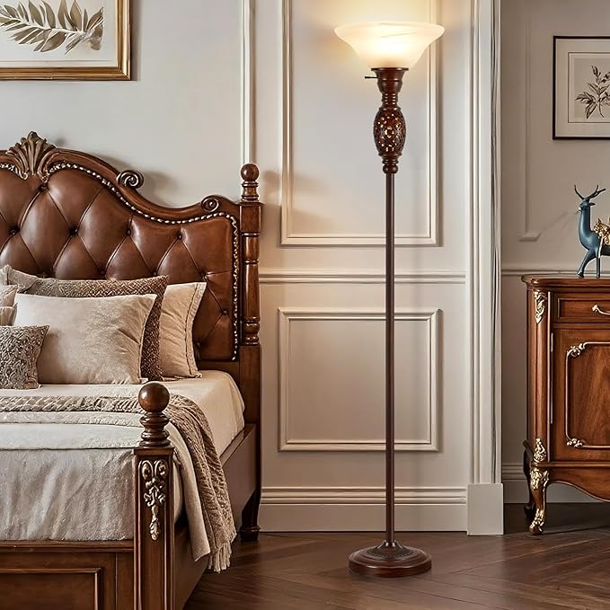 70" Torchiere Floor Lamp with NightLight - Victorian Style Standing Lamp for Living Room, Bedroom, Office - Retro Floor Lamps with Rotary Switch & Etched Glass Shade, Home Decor, Bulb Included