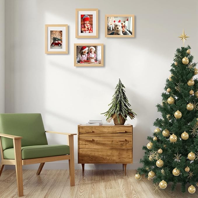 KINLINK A5 Picture Frame Natural, Solid Wood Frames with Acrylic Plexiglass for Pictures 4x6 with Mat or A5 without Mat, Tabletop and Wall Mounting Display, Set of 4