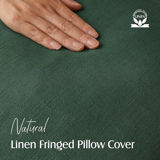 Foindtower Set of 2 Decorative Linen Fringe Throw Pillow Covers Cozy Boho Farmhouse Cushion Cover with Tassels Soft Accent Pillowcase for Couch Sofa Bed Living Room Home Decor, 22×22 Inch, Pine Green