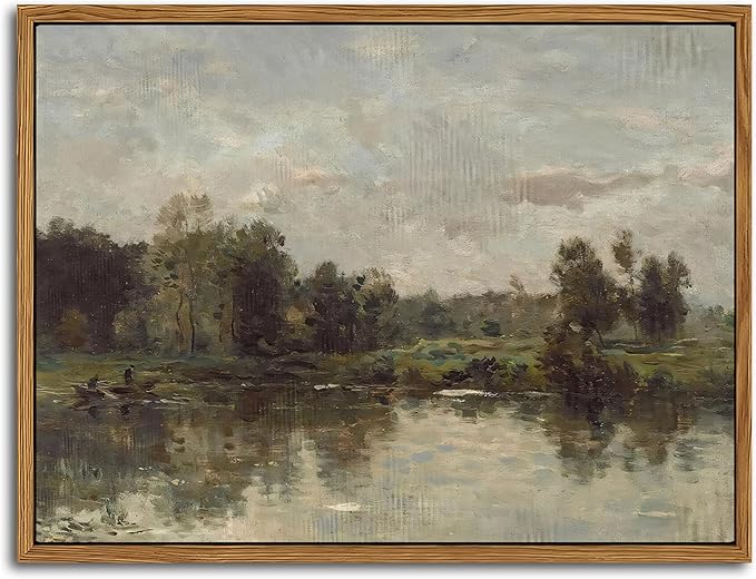 Floating Framed Canvas Wall Art - Tranquil River Landscape Pictures Prints, Countryside Vintage Scenery Paintings Wall Decor for Living Room Bedroom Office Home Decoration 12x16 inch