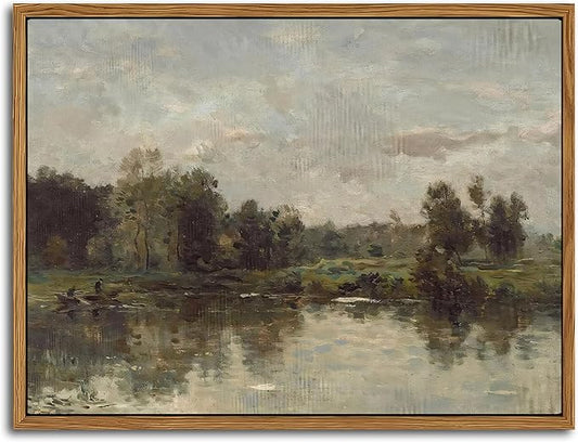 Floating Framed Canvas Wall Art - Tranquil River Landscape Pictures Prints, Countryside Vintage Scenery Paintings Wall Decor for Living Room Bedroom Office Home Decoration 8x10 inch
