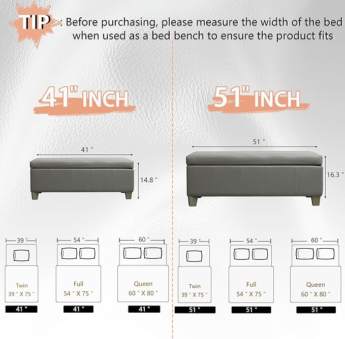 51 Inch Faux Leather Ottoman with Storage, End of Bed Bench with Large Storage, Rectangular Extra Long Bench for Bedroom and Living Room, Light Grey