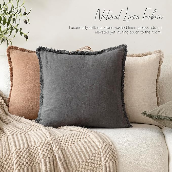 Foindtower Set of 2 Decorative Linen Fringe Throw Pillow Covers Boho Farmhouse Cushion Cover with Tassels Lumbar Accent Pillowcase for Couch Bed Sofa Living Room Home Bedroom Decor,12×24 Inch,Gray