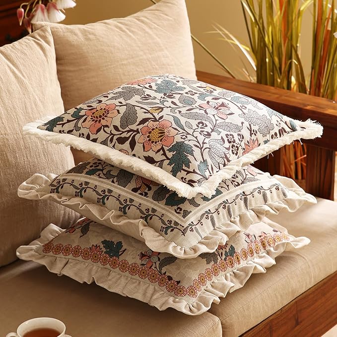 Design Square Linen Vintage Throw Pillow Covers 18"x18" Pack of 2, Gray Green Farmhouse Cushion Covers with Silver Lotus Floral Pattern Decor Pillowcases for Bed,Living Room,Outdoor,Car