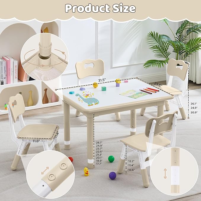 Kids Table and 4 Chairs Set, Height Adjustable (17.7"-26.1") Toddler Table and Chair Set, Multi-Activity Table with Graffiti Desktop, Children’s Table and Chairs for Classroom, Home & Daycare