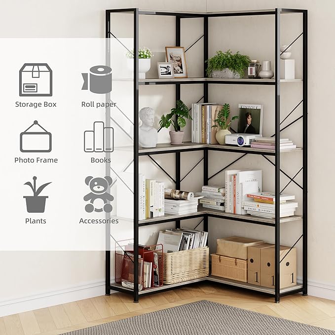 Shintenchi 5 Tier Corner Bookshelf,L Shaped Bookcase,Large Etagere Bookcase,Corner Shelf Display Storage Rack with Metal Frame for Living Room Bedroom Office,Grey
