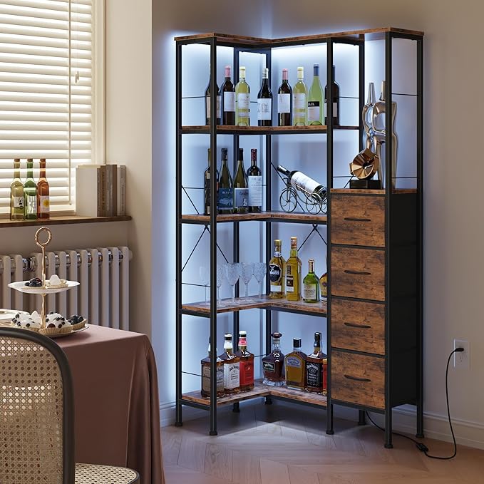 Corner Bookshelf with LED Light Strips & 4 Fabric Drawers, 5-Tier Convertible Corner Shelf with Display Shelf, Large Wood Industrial Bookcase for Living Room, Bedroom, Home Office, Rustic Brown