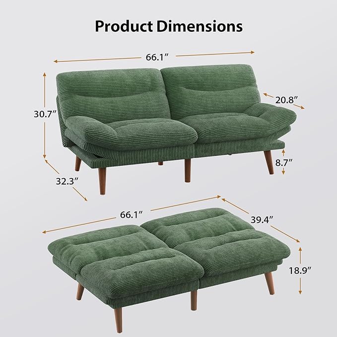 Pipishell Convertible Futon Sofa Bed,66" Corduroy Futon Couch with Adjustable Backrest and Armrests, Recliner Sleeper Sofa for Small Spaces, Play Room or Office, Green