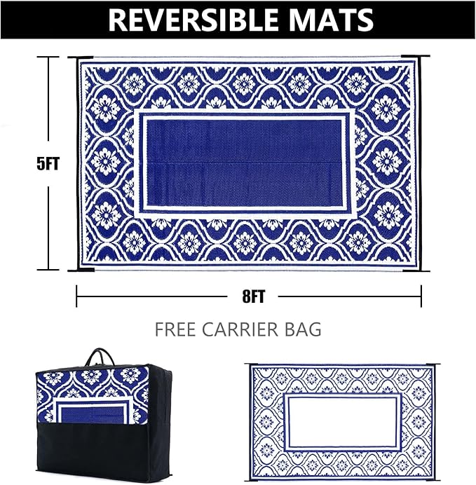 Patio Rug 5'x8' Waterproof Outside Area Rugs Reversible Light Blue Outdoor Plastic Straw Carpet for RV Deck Camping Entryance Porch Picnic Balcony Beach