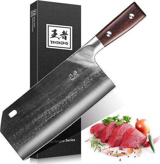 ENOKING Cleaver Knife Serbian Chef Knife Hand Forged Meat Cleaver German High Carbon Stainless Steel Chopping Butcher Knife Kitchen Knives with Full Tang Handle for Home and Restaurant, Ultra Sharp