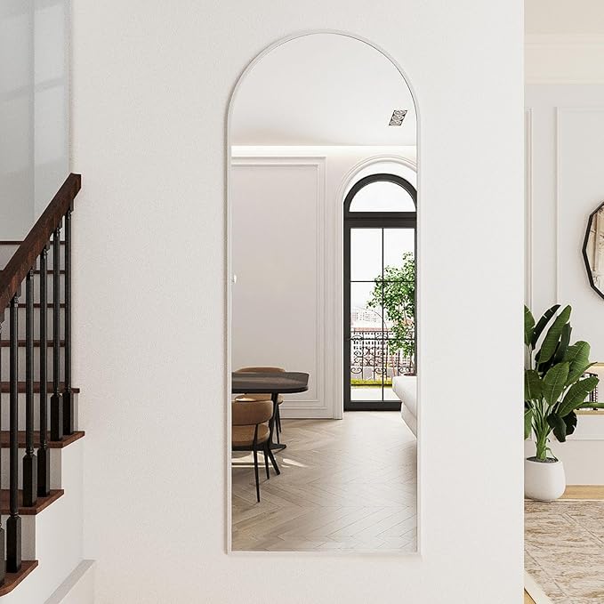 Arched Floor Mirror, 56"x20" Full Length Mirror, Standing Mirror Hanging or Leaning, Body Mirrors with Stand, Wall Mounted Mirror, Arched-Top Mirrors with Aluminum Frame for Bedroom (White)