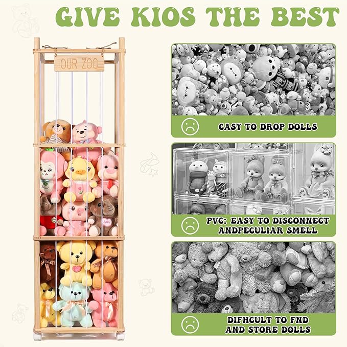 Stuffed Animal Storage & Organizer, Wooden Stuffed Animal Zoo, Large Toy Storage Organizer & Holder, Plush Toy Display Tower Shelf with Wheels for Toddler Rooms, Playrooms & Kids Bedrooms
