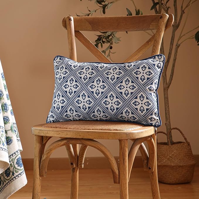 patdrea Designer Throw Pillow Covers Set of 2,Chinoiserie Blue Elegant Linen with Striped Floral Pattern Pillow Cover,Decorative Lumbar Pillowcases Cushion for Bed Living Room Outdoor Car,12"x20"