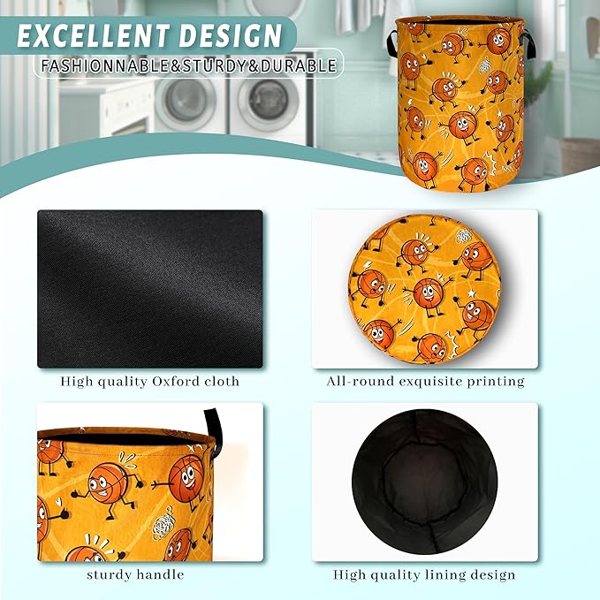 Funny Basketball Laundry Basket Foldable Oxford Cloth Basketball Laundry Hamper With Handle Portable Clothes Storage Basket 18.9 X 16.5 Inch Storage Bag For Laundry Room/Bathroom/Bedroom