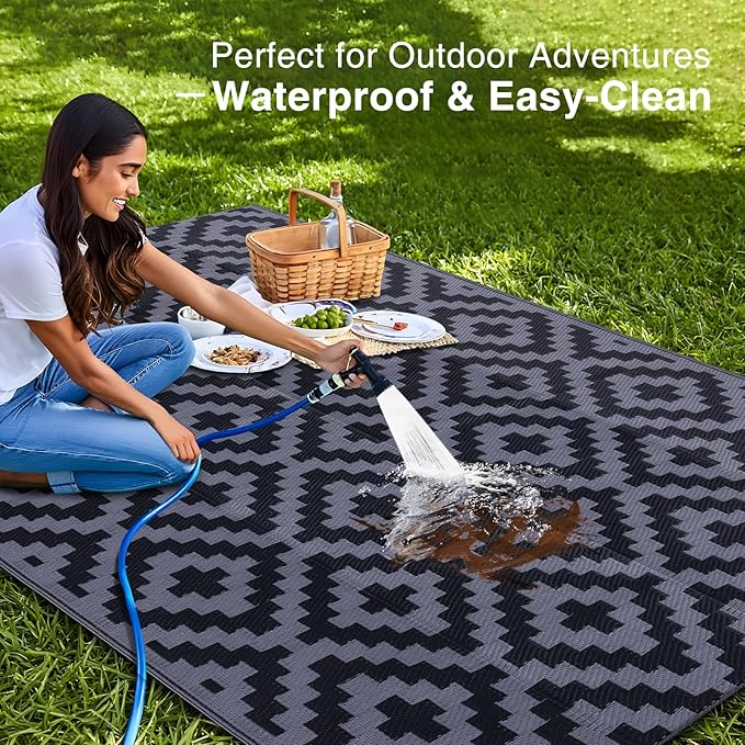 OLANLY Waterproof Outdoor Rug 5x8 ft, Outdoor Plastic Straw Rug for Camping, RV Mat Outside, Indoor Outdoor Carpet for Porch, Deck, Backyard, Balcony, Picnic, Black & Grey