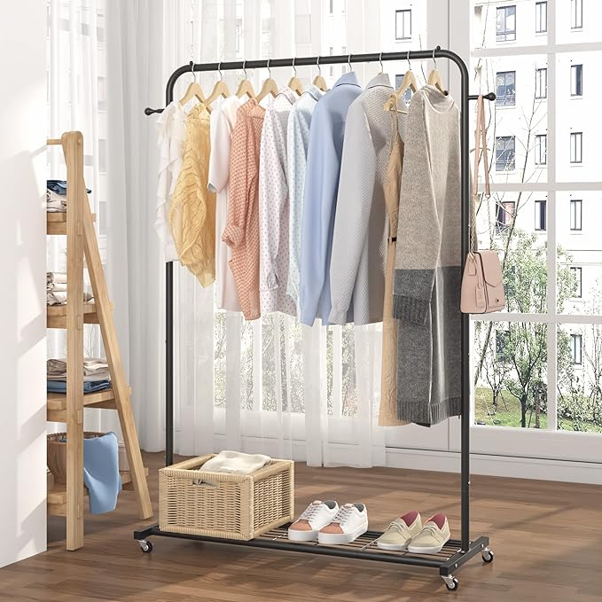 Sywhitta Clothing Rack on Wheels with Mesh Storage Shelf & Sturdy Metal Frame, Rolling Garment Rack for Hanging Clothes, Coats, Skirts, 39.76" L x 16" W x 64.56" H,Black