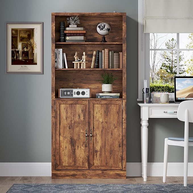 71.4" Tall Bookshelf with Cabinet, 5-Tier Floor Standing Bookcase with Doors & Adjustable Shelves, 31.5" Wide Storage Shelf, Metal Handles, Modern Organizer for Home Office, Living Room