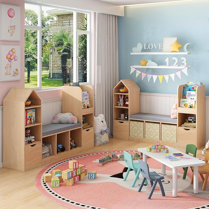 Kids Bookcase and Bookshelf with Reading Nook, Toy Storage Organizer, Oak Bookcase with 7 Storage Cubbies, 2 Movable Drawers and Seat Cushion for Kids Room, Playroom, Bedroom