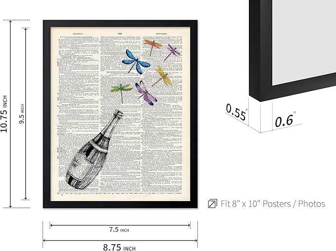 Poster Master Dictionary Art Poster - Champagne Bottle Print - Dragonfly Art - Alcohol Art - Gift for Men, Women & Bartender - Great Decor for Bar, Kitchen or Restaurant, 8x10 Black Framed