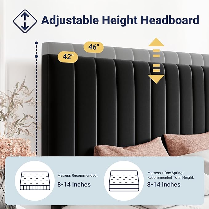 Allewie King Size Storage Bed Frame, Vertical Channel Tufted Adjustable Headboard, Velvet Upholstered Platform Bed with 4 Oversized Underbed Drawers, Wooden Slats Support, No Box Spring Needed, Black