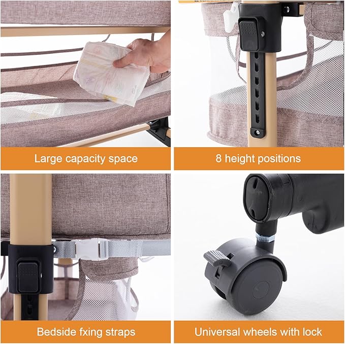 3 in 1 Baby Crib, Bassinet Bedside Crib Adjustable Portable Bed for Infant,Baby Newborn Must Have Bed,Khaki