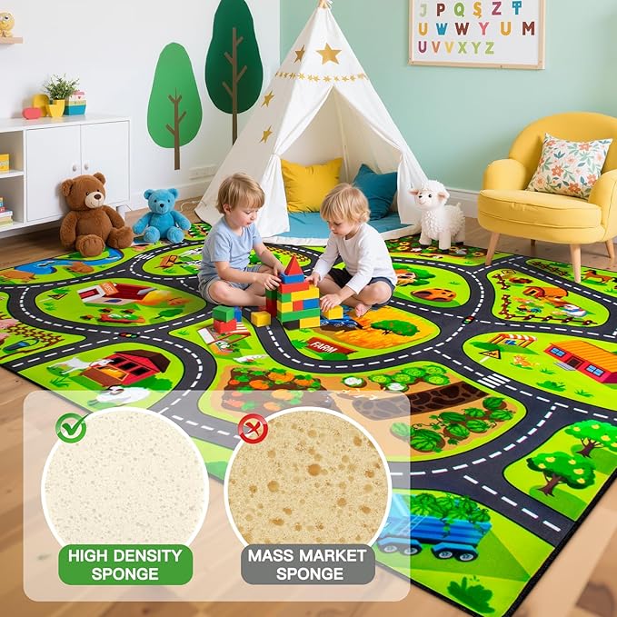 Kids Farm Play Rug, 4x6 Ft Happy Farm Activity Playmat, Extra Thick (0.4in) - Non-Slip Car Rugs for Kids' Toy Cars, Educational Play Mat Race Track Carpet for Kid's Room, Bedroom and Learning