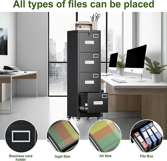 Aobabo File Cabinet 4 Drawer with Wheels, Lockable Office Metal Filing Cabinet with Name Card for Office and Home,Assembly Required,Black