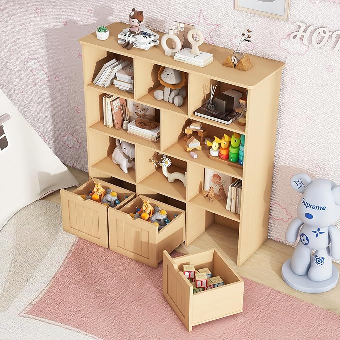 Toy Storage Organizer with Bookshelf, Large Toy Organizers and 3 Movable Drawers with Hidden Wheels and 8 Storage Cubbies, Kids Bookshelf and Toy Chest, Playroom Furniture, Oak