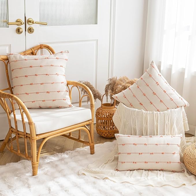 Boho Throw Pillow Covers 26x26 Set of 2 Modern Farmhouse Decorative Cushion Case Tufted Square Pillows Cover Neutral Pillow Cases Accent Pillowcase for Sofa,Couch,Bed,Beige and Pink