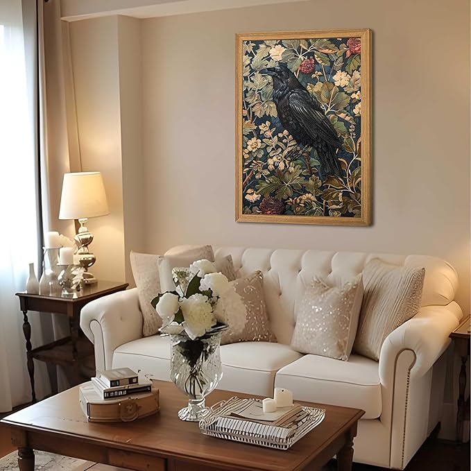 Framed 3D Textured Vintage Wall Art - Dark Academia Decor Hand Drawn Sandstone Black Crow Paintings with Botanical Florals, Aesthetic Wall Decor for Living Room Bedroom Home 24x36 inch