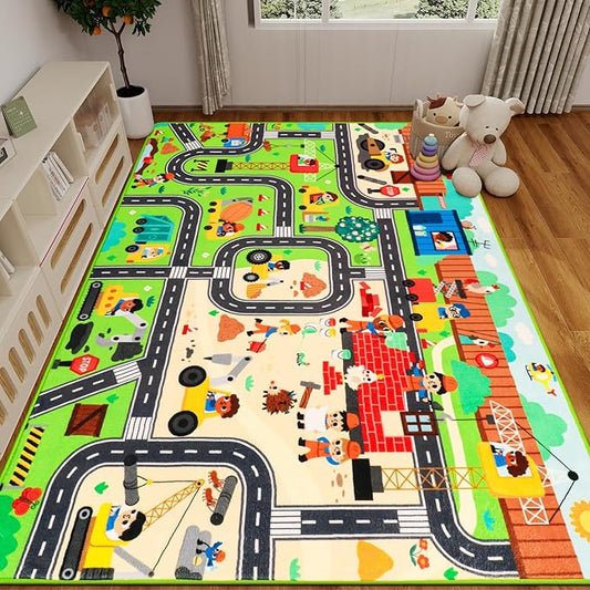 Kids Rug Play Mat for Toy Cars, 78.7"×59" Construction Site Road Traffic for Playroom Kids City Engineering Car Road Play Mat Non-Slip Washable Carpet Toddlers Boys Room Family Playtime
