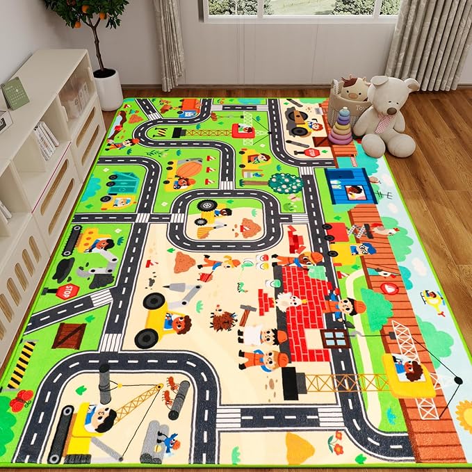 Kids Rug Play Mat for Toy Cars, 59"×39.4" Construction Site Road Traffic for Playroom Kids City Engineering Car Road Play Mat Non-Slip Washable Carpet Toddlers Boys Room Family Playtime