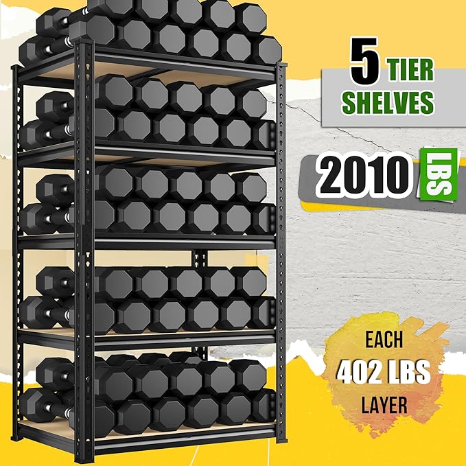 Set of 2 Storage Shelves, 27.7"W Metal Shelving 2010LBS Garage Shelving Heavy Duty Garage Shelves Adjustable Metal Shelf for Pantry Kitchen Closet Basement Warehouse 11.9"D × 27.7"W × 60"H