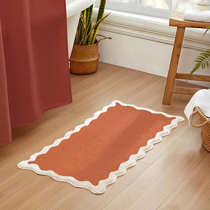 MONDAY MOOSE Bath Mat with Scalloped Wavy Ripple Design, Microfiber Absorbent Non Slip Tufted Rug for Floor, Shower or Kitchen (24x47 inch, Terracotta)