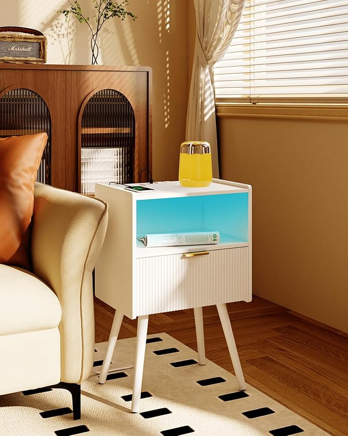 White Nightstand, Modern Bedside Table with Charging Station and LED Lights, Wood Night Stand with Drawer and Opening Storage
