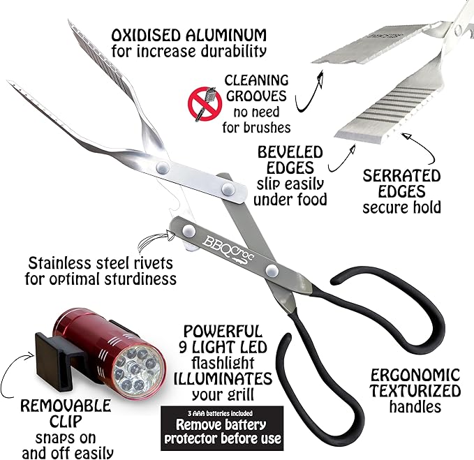 BBQ Croc 3 in 1 Barbecue Tool 15-inch with Flashlight - Extra Light Tongs, Spatula and Grill Scraper (Green)