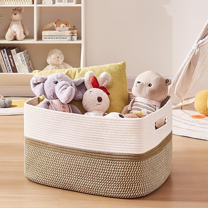 OIAHOMY Large Blanket Basket, 22”x17”x12” Rectangle Woven Baskets, Nursery Blanket Storage Living Room, Toy Storage with Handle, Large Baskets for Organizing-Yellow/White