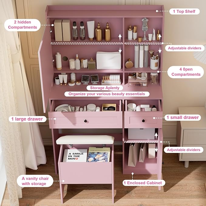 Vanity Table with Hidden Storage & LED Mirror - Includes Padded Stool, 5 Compartments, 2 Drawers & 1 Storage Cabinet - Ideal Bedroom Makeup Dressing Table Pink