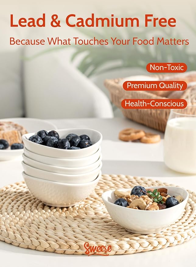 Sweese 4 oz Porcelain Bowls Set of 6 - White, Small Dipping/Snack/Sauce/Condiment Dish - Microwave, Dishwasher Oven Safe