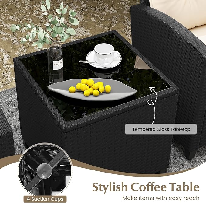 Tangkula 3 Piece Patio Furniture Set, Rattan Conversation Set w/Soft Seat & Back Cushions, Tempered Glass Topped Coffee Table, Cushioned Wicker Seating Set for Backyard, Porch, Poolside (Beige)