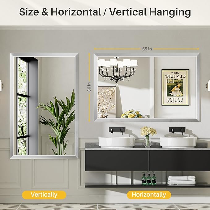 55x36 Inch Silver Bathroom Mirror for Wall, Thick Metal Framed Rectangle Mirrors for Over Sink, Bedroom, Living Room, Entryway, Anti-Rust, HD Tempered Glass