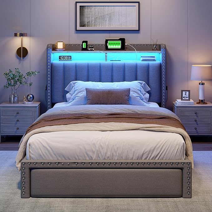 EnHomee Twin Size Bed Frame with One Large Storage Headboard & Charging Station, LED Platform Bed Frame with Storage Drawer, Sturdy Wooden Slats Support, Noise-Free, No Box Spring Needed, Grey