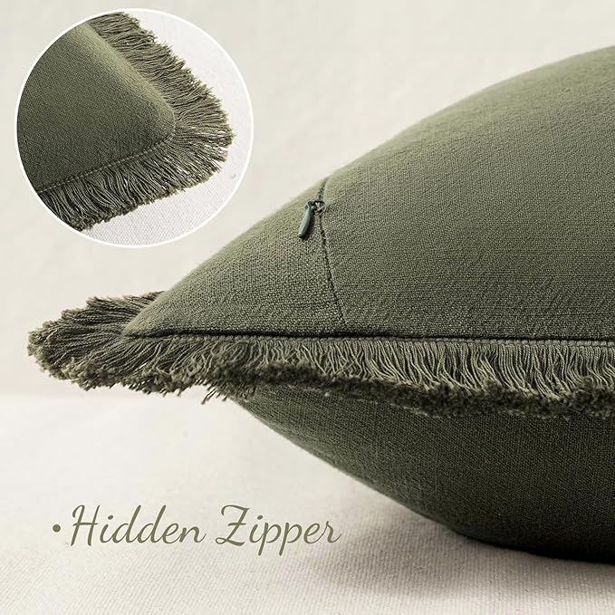 MIULEE Decorative Throw Pillow Covers Neutral Linen Fringe Throw Pillows Set of 2 Olive Green Boho Farmhouse Cushion Covers with Tassels for Couch Sofa Bed Living Room Spring Home Decor 20x20 Inch